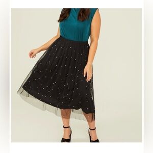 ARULA Stunning Elegant Whimsical Black Tulle Pearl Accent Midi Skirt Size 2X